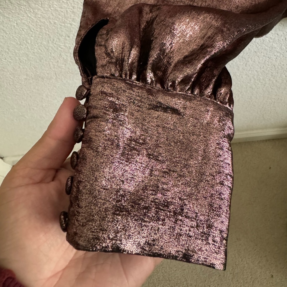 Shiny Metallic Chocolate Brown Rose Gold Longsleeve Top Blouse w/ Bow Accent - Picture 8 of 9